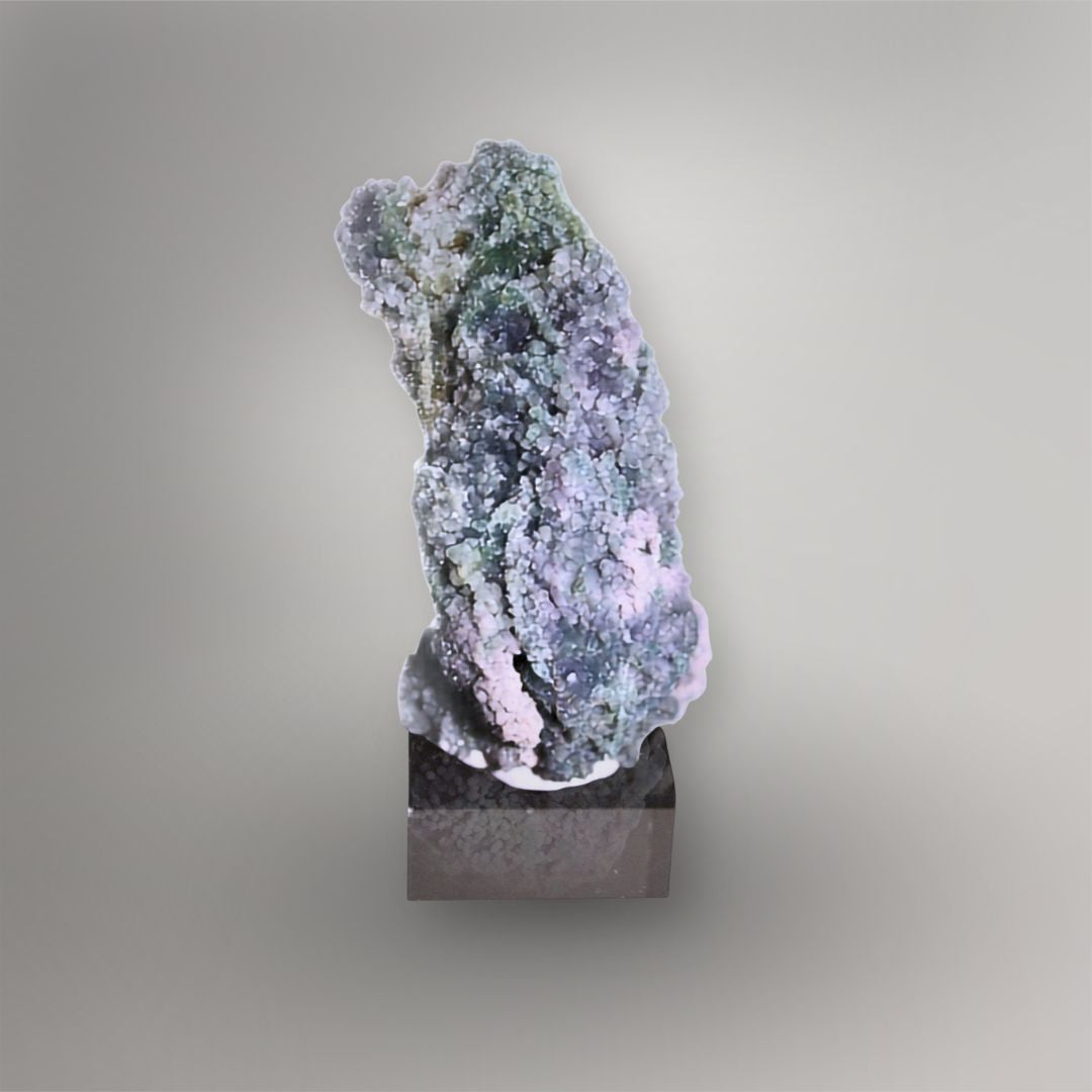 Front view of 259g Grape Agate cluster from West Sulawesi with pale lavender quartz, moss-green areas, and a tall sculptural form