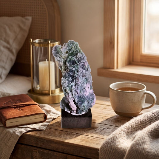 Tall pale lavender and green Grape Agate cluster displayed beside a journal, candle, and cup in warm natural light