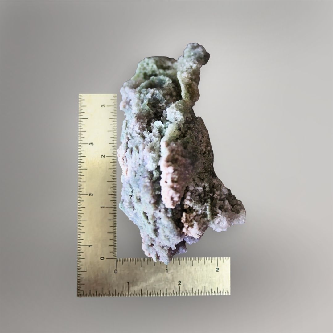 259g Grape Agate specimen beside a ruler showing its approximately 4.2-inch vertical form