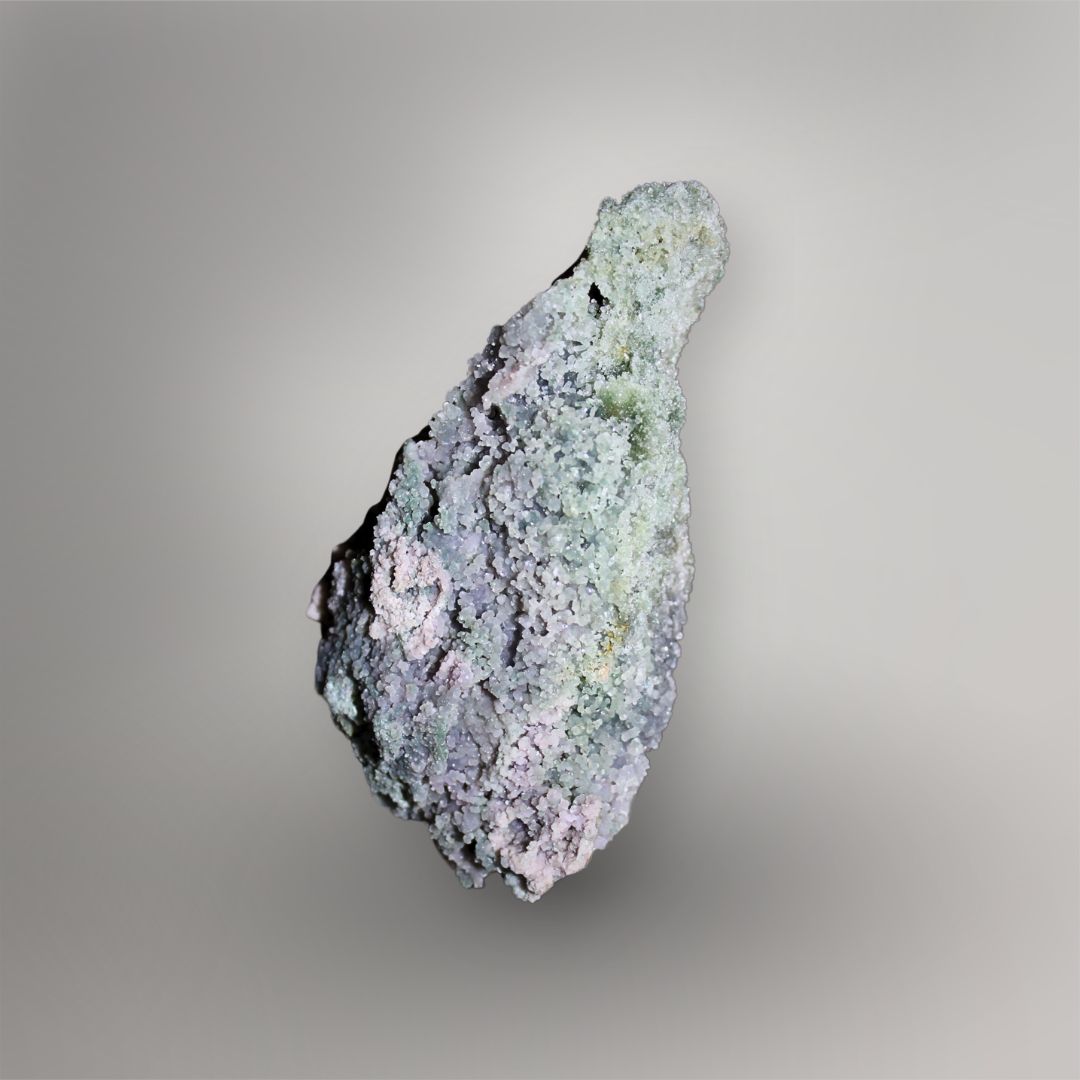 Opposite side of 259g Grape Agate cluster showing lavender botryoidal quartz, drusy sparkle, and green clay-rich areas