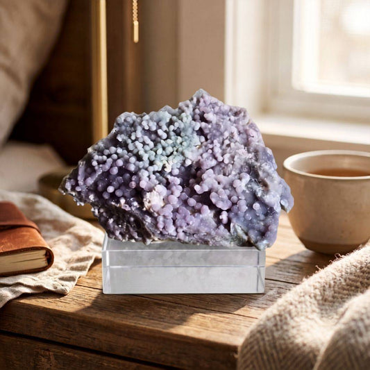 Lavender and blue-green Grape Agate cluster displayed beside a journal and cup in warm natural light