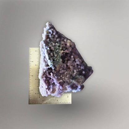 335g Indonesian Grape Agate specimen beside a ruler showing its approximately 4.7-inch horizontal form