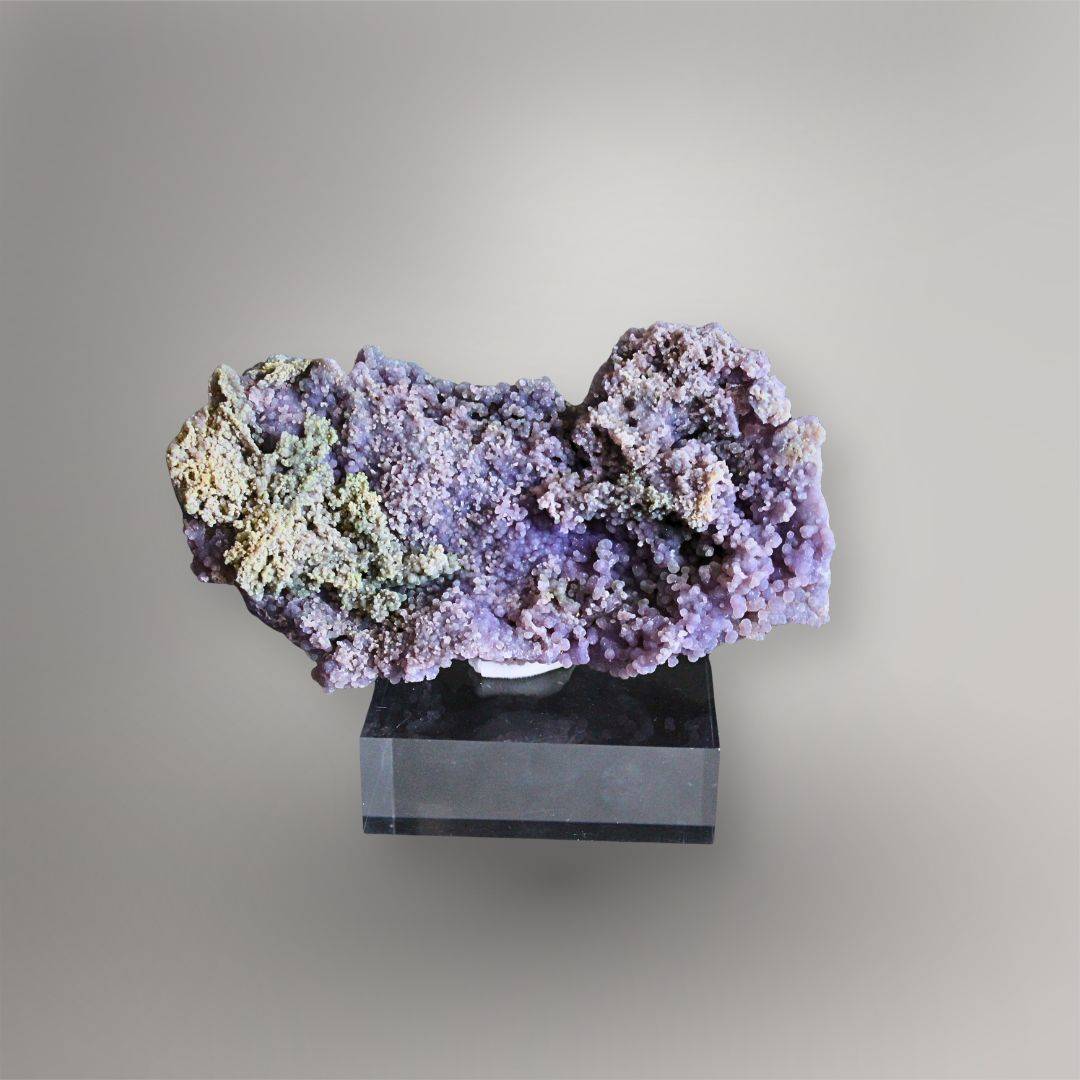 Reverse of 374g Indonesian Grape Agate cluster showing lavender quartz, fine crystalline texture, and pale green mineral areas
