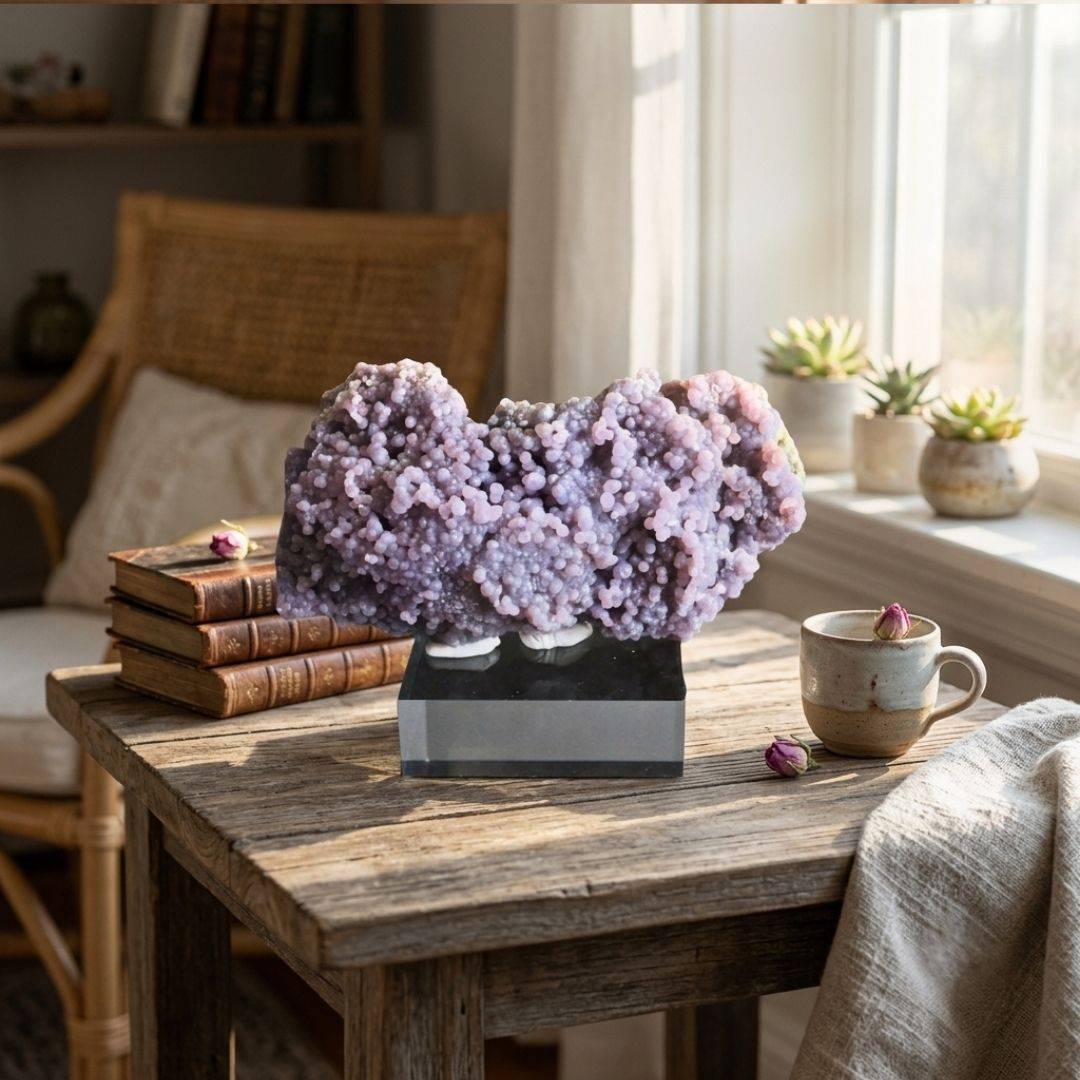 Wide lavender Grape Agate cluster displayed beside vintage books and a cup in warm natural light