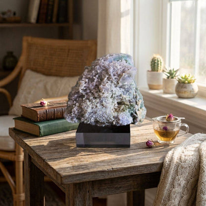 Substantial lavender and blue-green Grape Agate cluster displayed beside books and tea in warm natural light