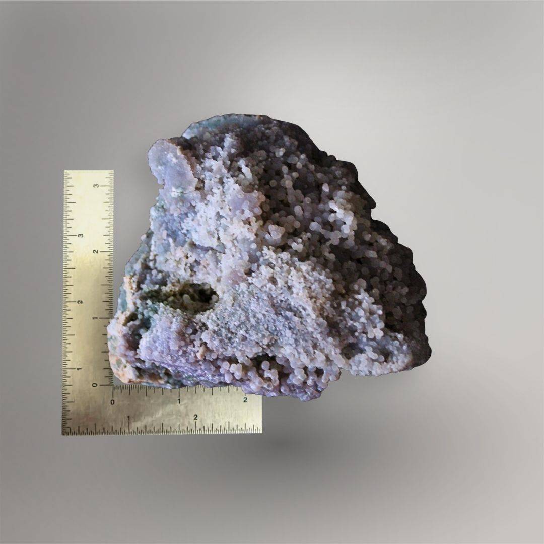 437g Indonesian Grape Agate specimen beside a ruler showing its approximately 4.8-inch cabinet size