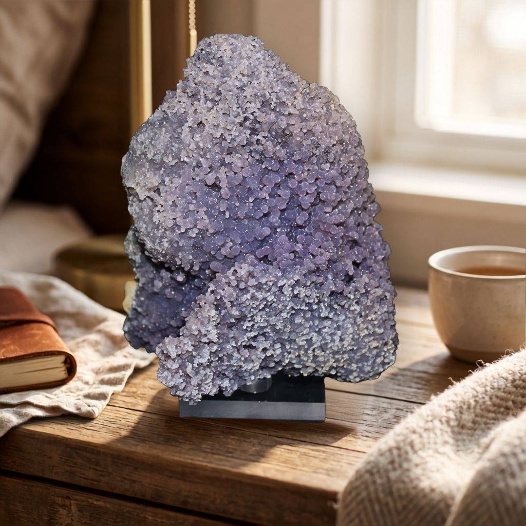 770g lavender Grape Agate cluster displayed on a black base beside a journal and cup in warm natural light