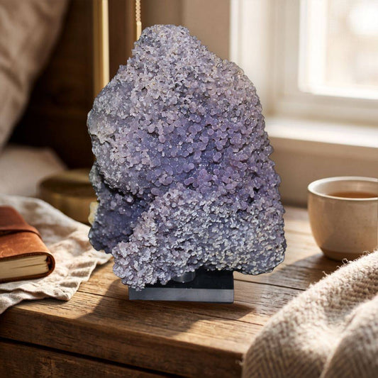 770g lavender Grape Agate cluster displayed on a black base beside a journal and cup in warm natural light