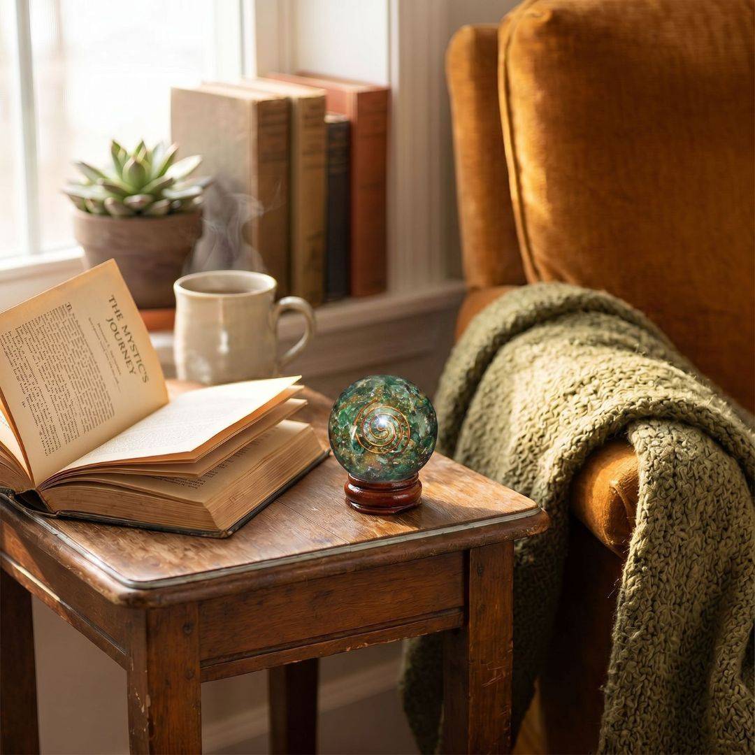 Green Aventurine orgonite sphere with copper spiral displayed on a wooden side table beside an open book, mug, plant, and cozy chair