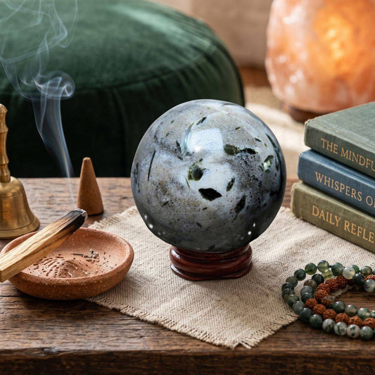 Green Tourmaline in Milky Quartz sphere resting on a small wooden stand in a cozy space with books, mala beads, and a lit sage bundle.