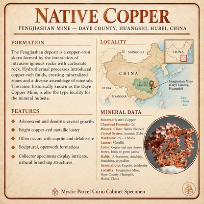 Mystic Parcel Atlas specimen card for native copper from China featuring a locality map, geological information, mineral data, and specimen photograph.