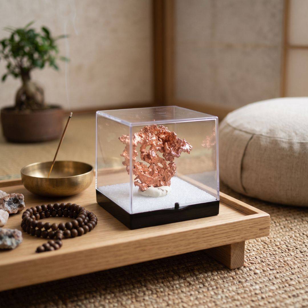 Native Copper specimen from China featuring intricate copper-red openwork growth, displayed in a clear protective perky box on a wooden meditation tray with incense, mala beads, and crystals.