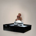 Reverse view of native copper thumbnail from China showing compact, irregular crystalline growth with reflective copper-red, bronze, and golden metallic surfaces on a small acrylic riser.