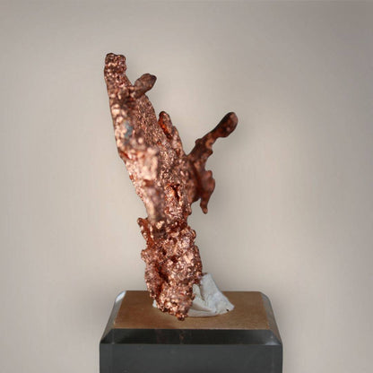 Side profile of native copper from China revealing its narrow branching structure, textured metallic surfaces, and acrylic display base.