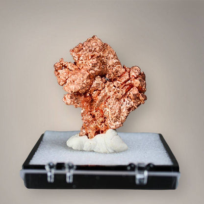 Front view of native copper from China featuring upright branching growth, clustered copper-red metallic surfaces, and a textured crystalline structure in a black perky box.