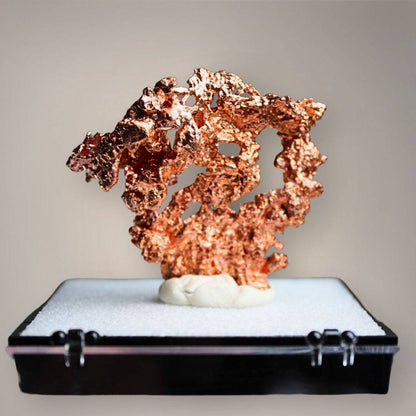 Reverse of native copper specimen from China displaying branching crystalline structures, open cavities, darker metallic areas, and intricate copper growth.
