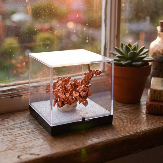 Sculptural native copper specimen from China displayed in a clear protective perky box on a wooden windowsill beside a potted succulent, vintage books, and warm natural light.