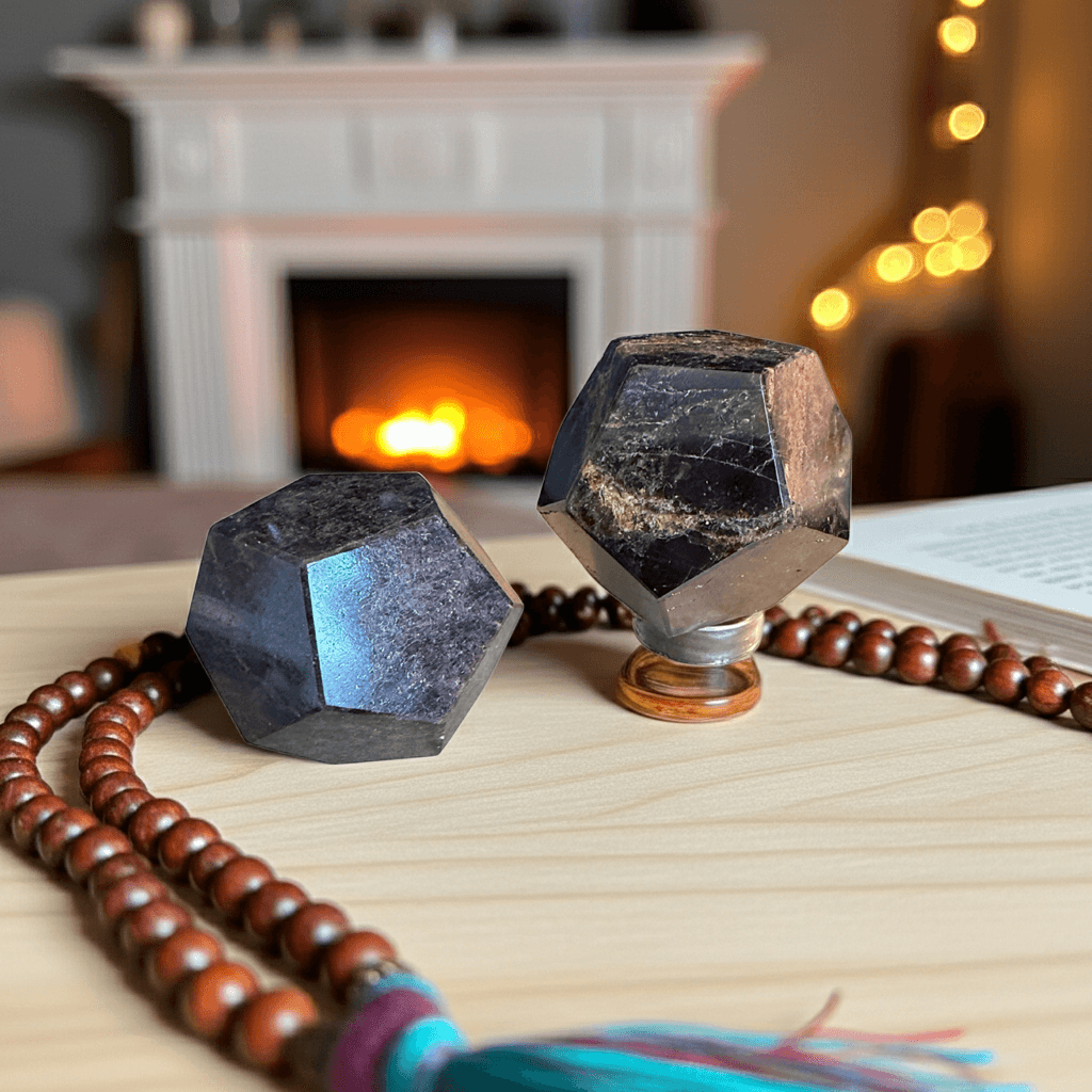 Garnet Dodecahedron Crystal for Grounding and Vitality displayed on a wooden surface with a fireplace in the background. Ideal for spiritual protection and energy work.