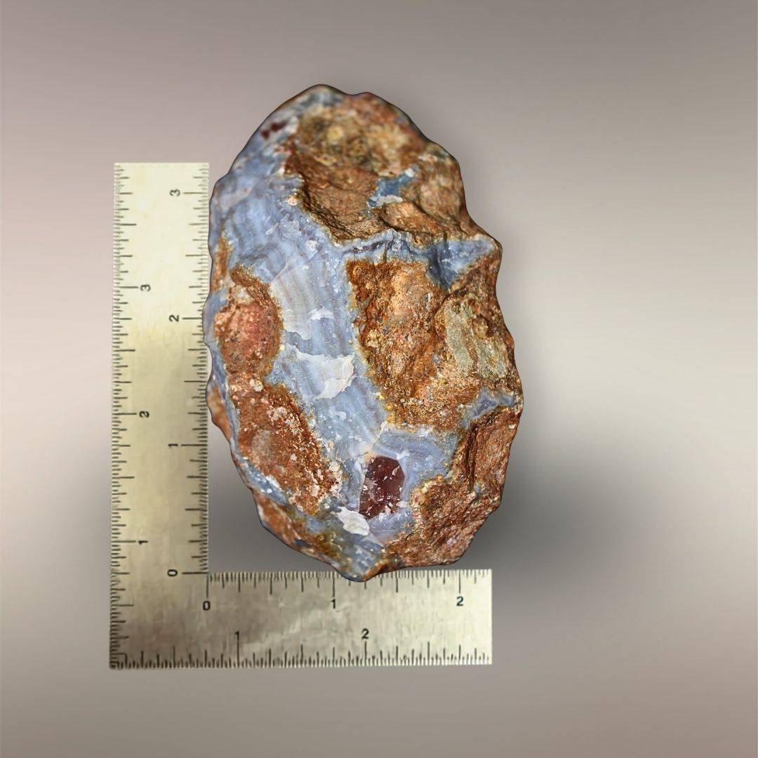 Ngabu Malawi Agate nodule section shown with ruler for scale, displaying polished face and natural edge.