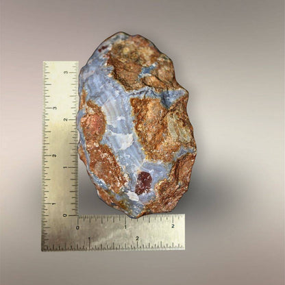 Ngabu Malawi Agate nodule section shown with ruler for scale, displaying polished face and natural edge.
