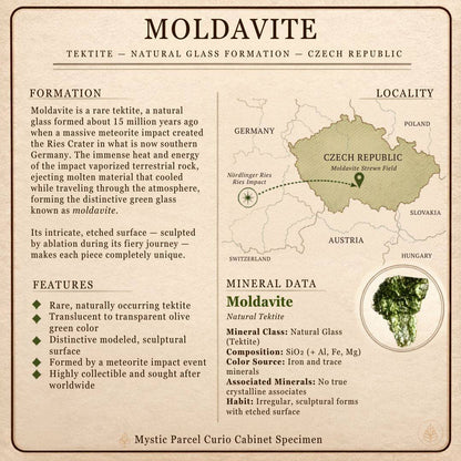 Vintage-style Moldavite specimen information card featuring formation details, the Czech Republic strewn field, the Nördlinger Ries impact site, material data, and a green Moldavite tektite.