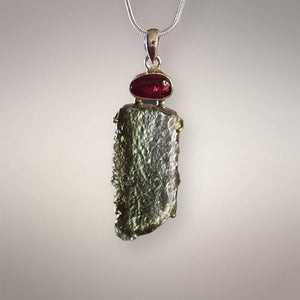 Angel Chime Moldavite & Rubellite Pendant - Czech Republic