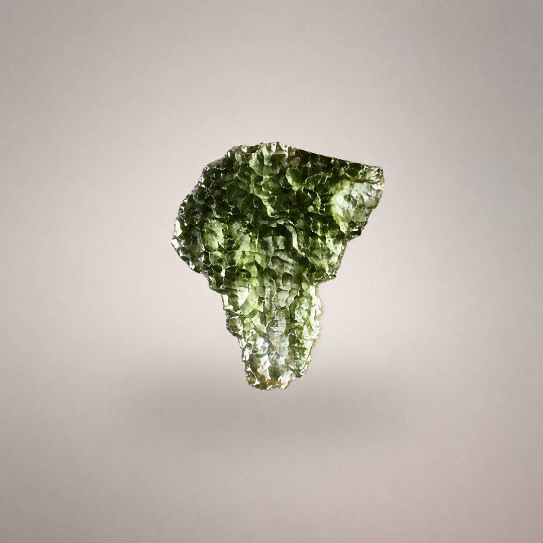 Backlit front view of Czech Republic Moldavite showing olive-green translucence, dense natural pitting, broad upper body, and tapered base.