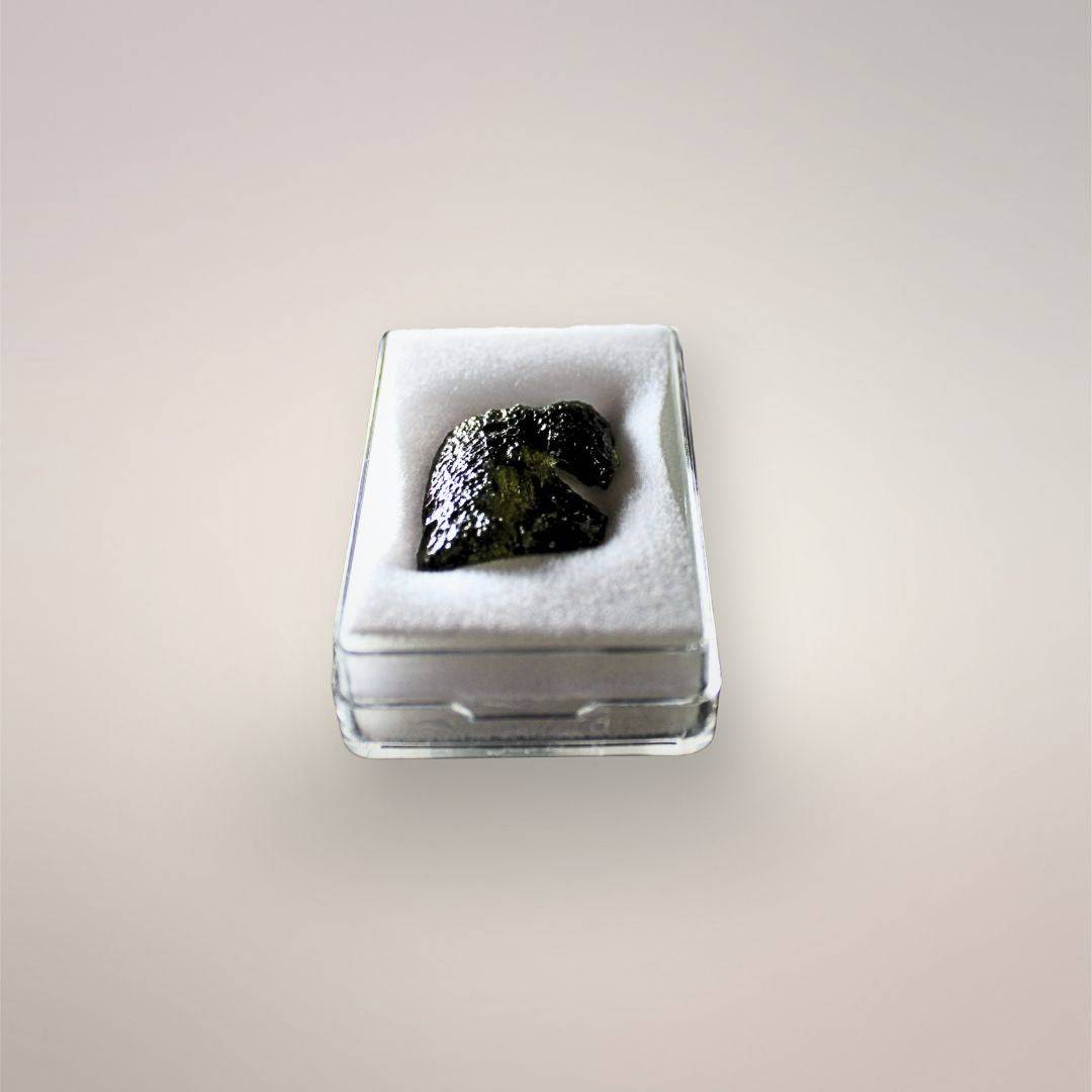 Front view of Czech Republic Moldavite in its protective acrylic case, showing a dark olive surface, thin profile, and open side notch.