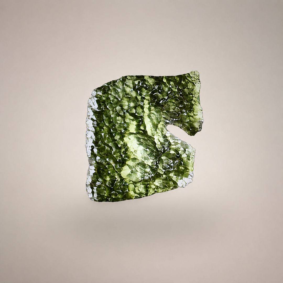 Backlit close-up of Czech Republic Moldavite showing dense pitting, olive-green translucence, a flattened ellipsoid outline, and irregular open notch.