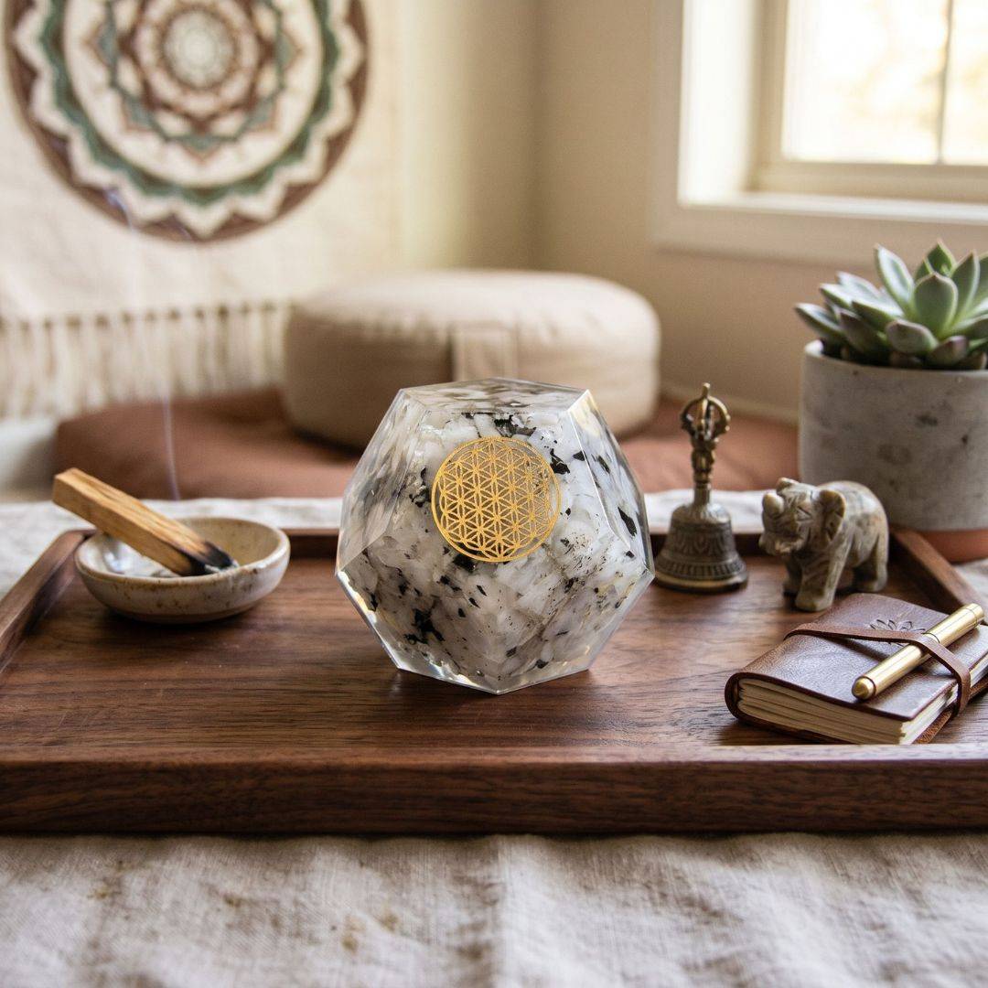 Rainbow Moonstone orgonite dodecahedron with golden Flower of Life symbol displayed on a wooden tray beside incense, journal, plant, and ritual décor