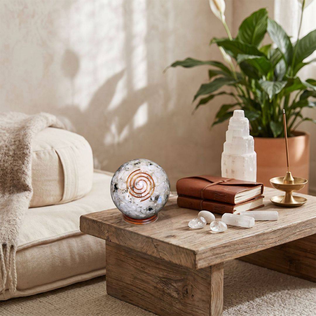 Rainbow Moonstone orgonite sphere with copper spiral displayed in a soft home setting as crystal décor for intuition and reflection