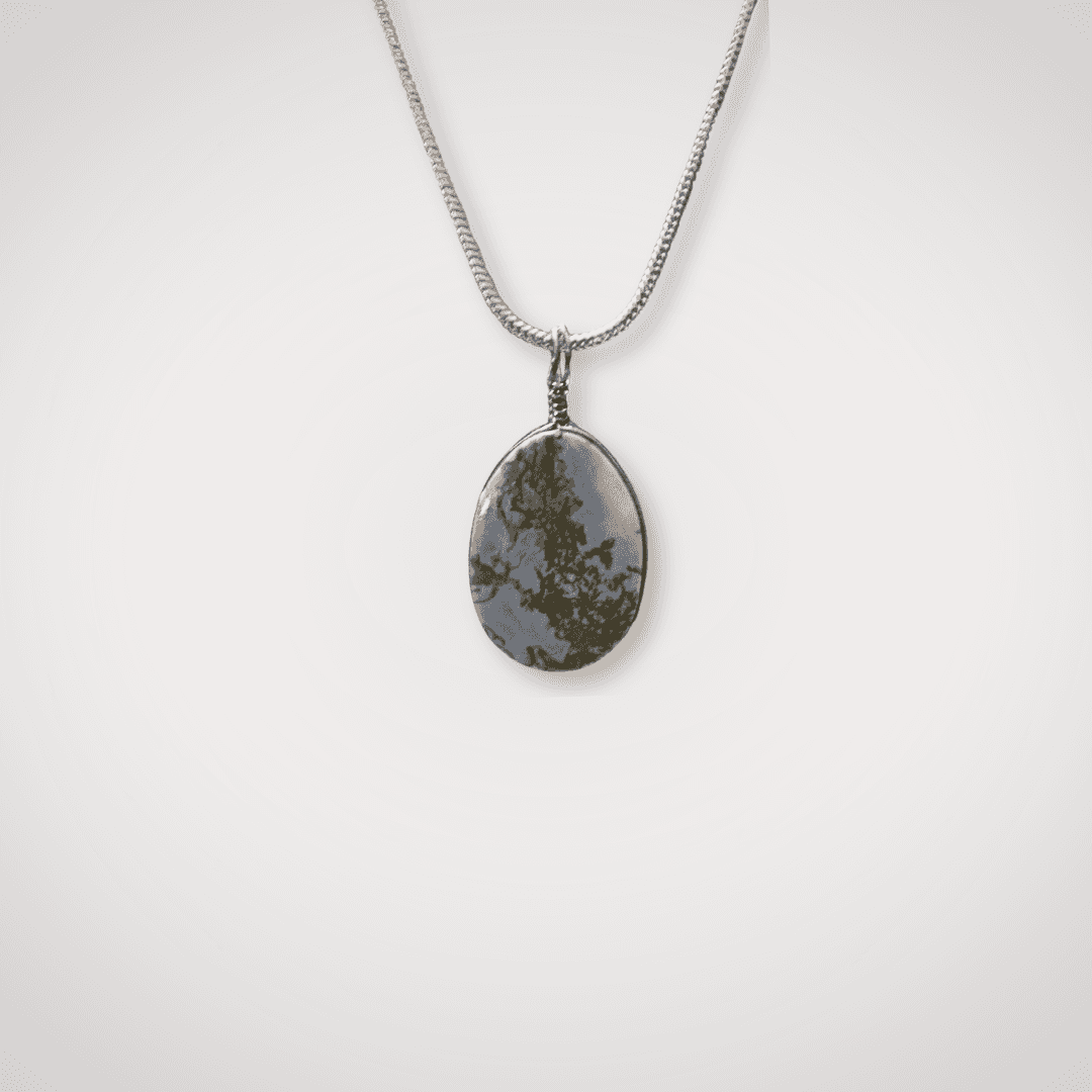 Indonesian Blue Opal pendant with silver wire wrap on chain
