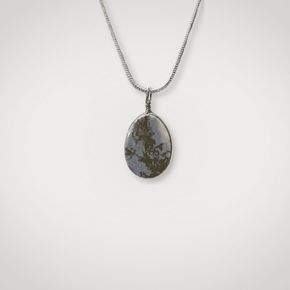 Indonesian Blue Opal pendant with silver wire wrap on chain