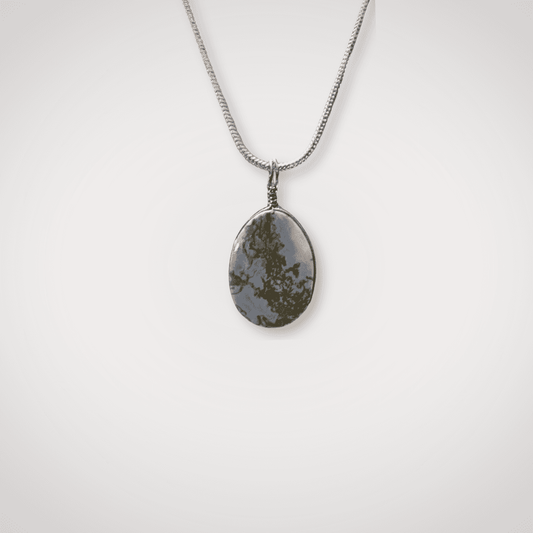 Indonesian Blue Opal pendant with silver wire wrap on chain