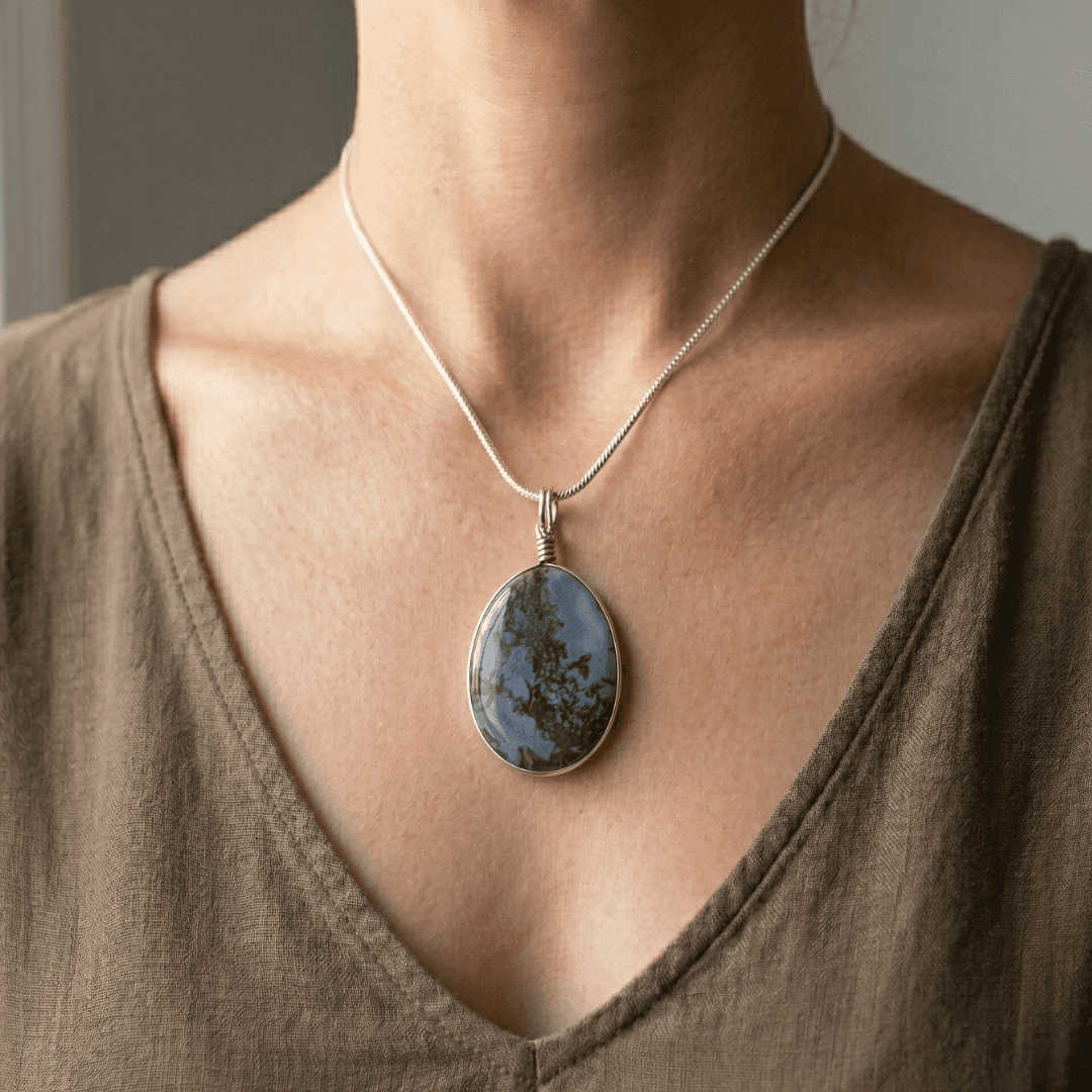 Model wearing Indonesian Blue Opal pendant with silver chain