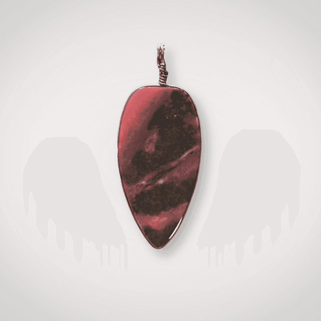 Rhodonite pendant with silver wire wrap back view
