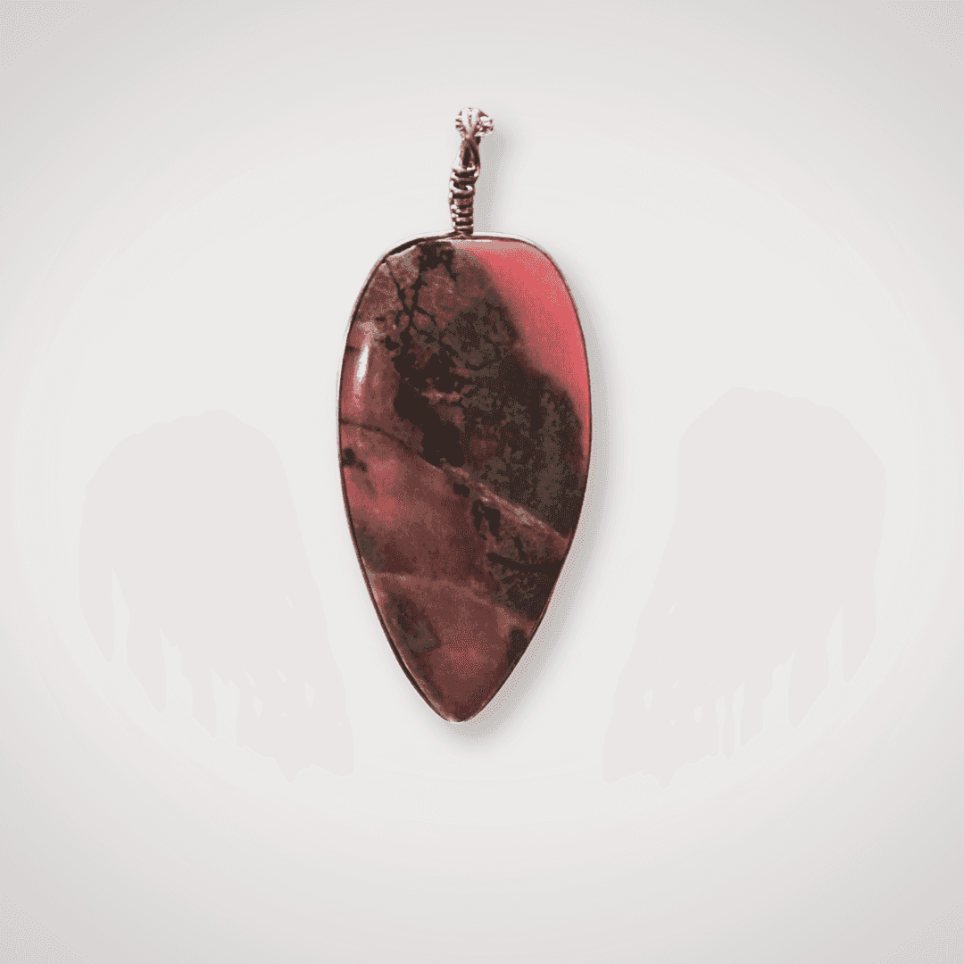 Rhodonite pendant with sterling silver wire wrap front view