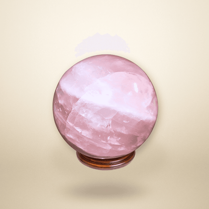 Polished Rose Quartz sphere 55mm for love and healing on display