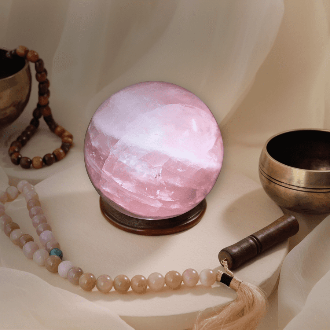 Rose Quartz Sphere 55mm with wooden base for love and emotional balance