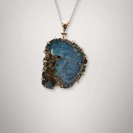 Swedish Blue Slag Glass Pendant with Vortex Pattern in sterling silver