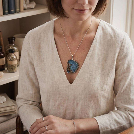 Model wearing Swedish slag glass pendant with vortex pattern on silver chain
