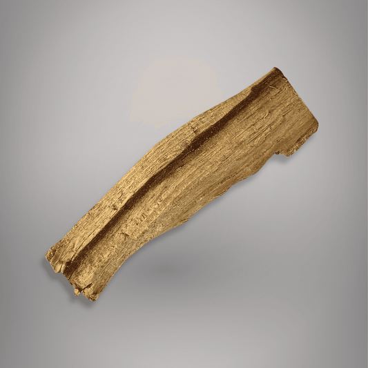 Close-up of a single, hand-cut Palo Santo stick showing its natural wood grain and rough texture against a grey background.