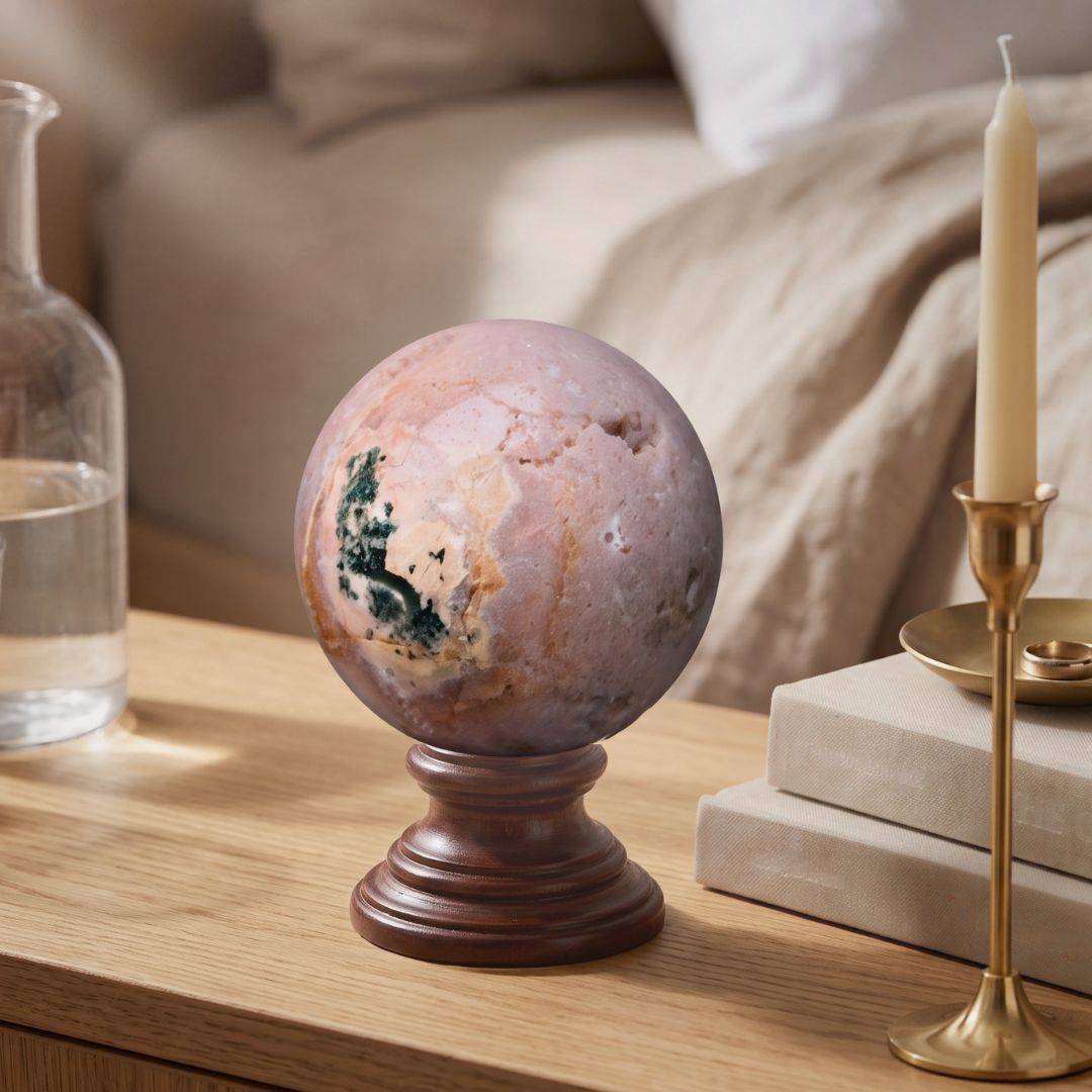Pink amethyst sphere displayed on a wooden stand upon a light wood tabletop next to stacked books and a brass taper candle holder.