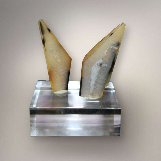 Polyhedral agate pair from Paraíba Brazil with honey coloration and dark inclusions displayed on acrylic base
