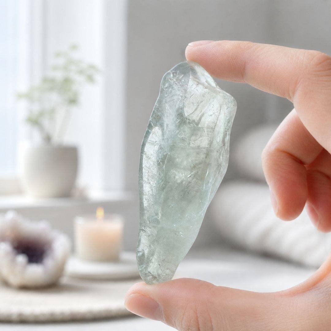 Hand holding an elongated Prasiolite freeform in cool window light, showing its pale green color, polished surface, and internal fractures.