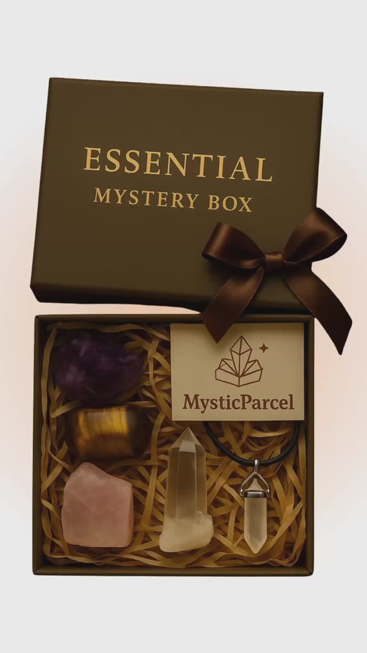 Video showing a recent Mystic Parcel Essential Mystery Box created for an Abundance intention, including a citrine, pyrite, aventurine, a handmade copper-and-aventurine bookmark, and an intention card arranged and packed by hand.
