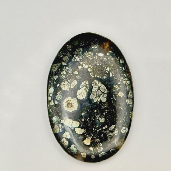 Mystic Parcel video view of 44ct Marcasite oval cabochon with pyrite sparkles