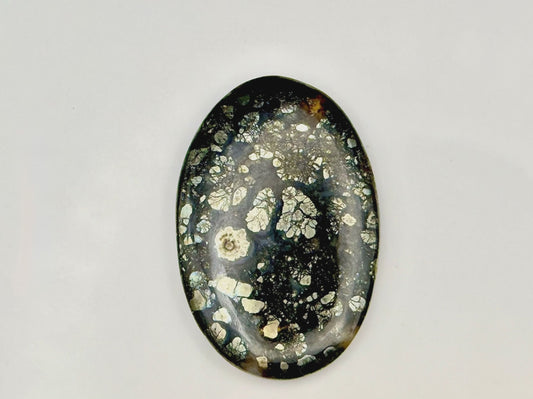 Mystic Parcel video view of 44ct Marcasite oval cabochon with pyrite sparkles