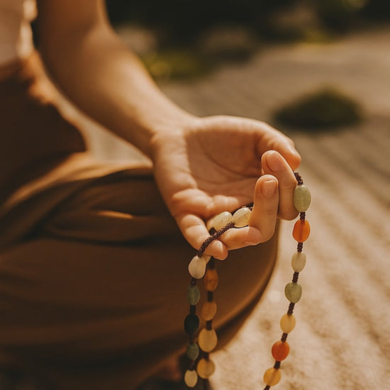 Natural Gobi Desert Agate mala hand knotted in Inner Mongolia – full length view 72mm, 40g