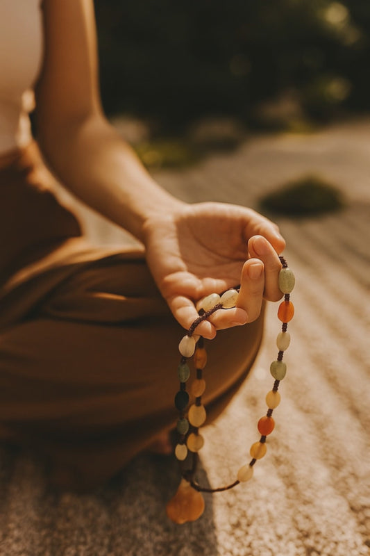 Natural Gobi Desert Agate mala hand knotted in Inner Mongolia – full length view 72mm, 40g